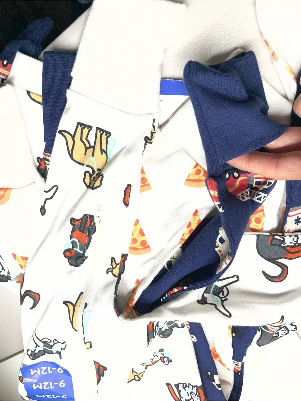 3-Pack Baby Footed Zippert Rompers 9-12m - Dog, Pizza & Vehicle Prints